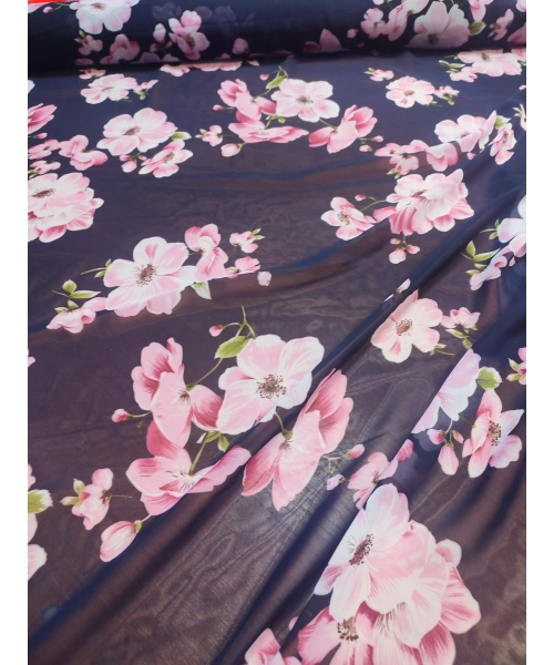 Delikatna cienka tkanina szyfon - różowe kwiaty magnolii